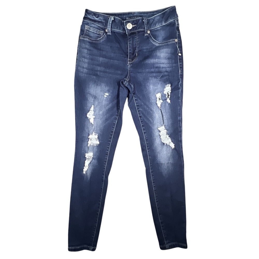 Maurices‎ Women's Sz 12 Dark Wash Distressed Ripped Skinny Jeans Mid Rise